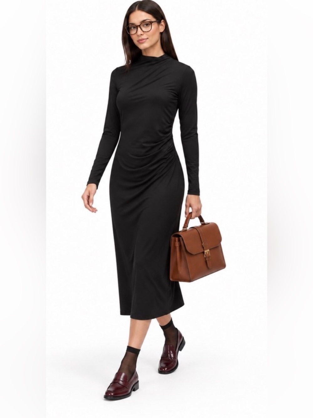 Vince NWT Black Ruched Long Sleeve Midi Dress Size M